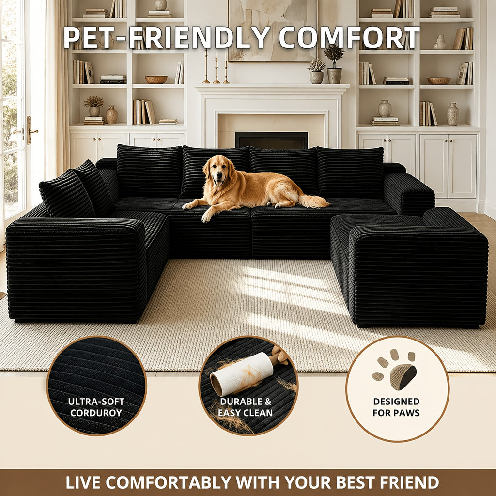 121.2" Oversized U-Shaped Corduroy Cloud Couch, 8-Seater Modular Sectional Sofa with Double Chaise, Boneless Deep Seat Convertible Couch, 4-In-1 Flexible Large Corner Sofa for Living Room, No Assembly