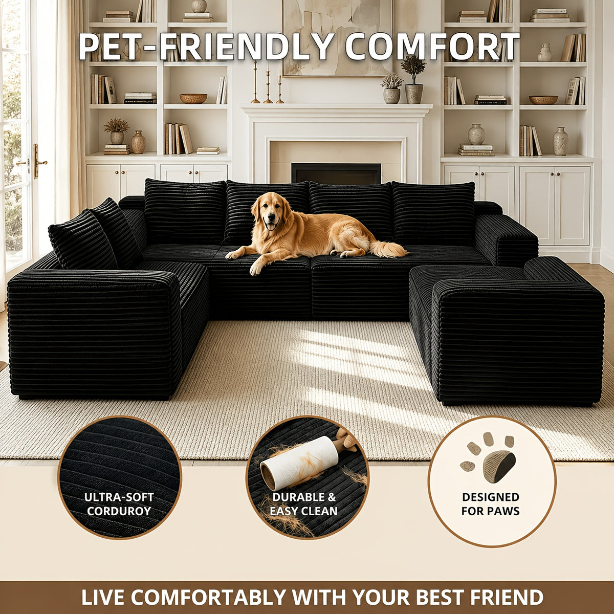 121.2" Oversized U-Shaped Corduroy Cloud Couch, 8-Seater Modular Sectional Sofa with Double Chaise, Boneless Deep Seat Convertible Couch, 4-In-1 Flexible Large Corner Sofa for Living Room, No Assembly