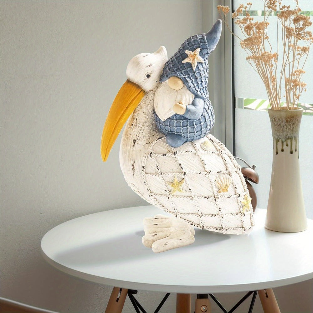 Pelican Gnome Figurine 11.5" – Resin Coastal Beach Decor with Starfish & Seashell, Tabletop Statue for Home, Garden & Poolside – Summer Gift & Nautical Decor - product image 2