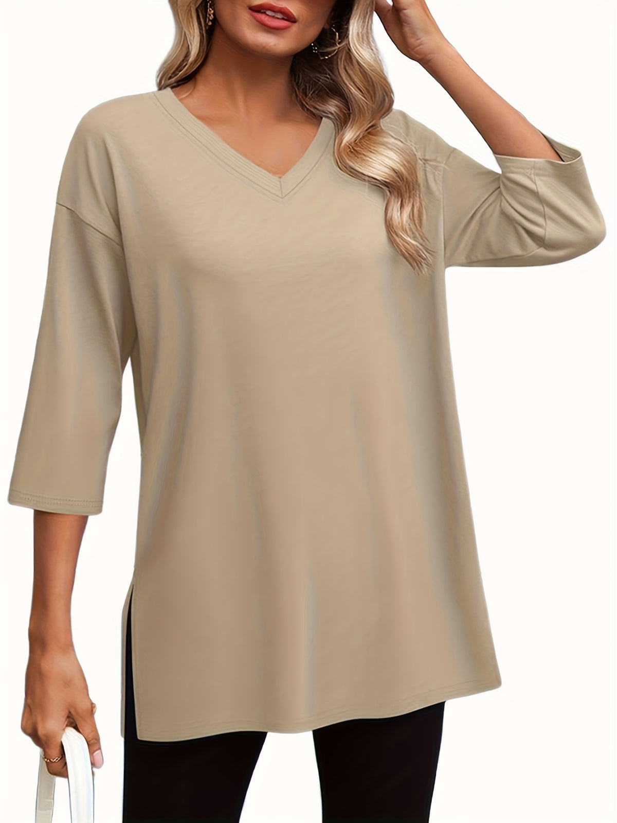 Three-piece Women's Fashion Large 3/4 Sleeve Top, V-neck y Casual Side-slit Shirt, Loose Basic Seven-quarter Sleeve T-shirt - product image 3
