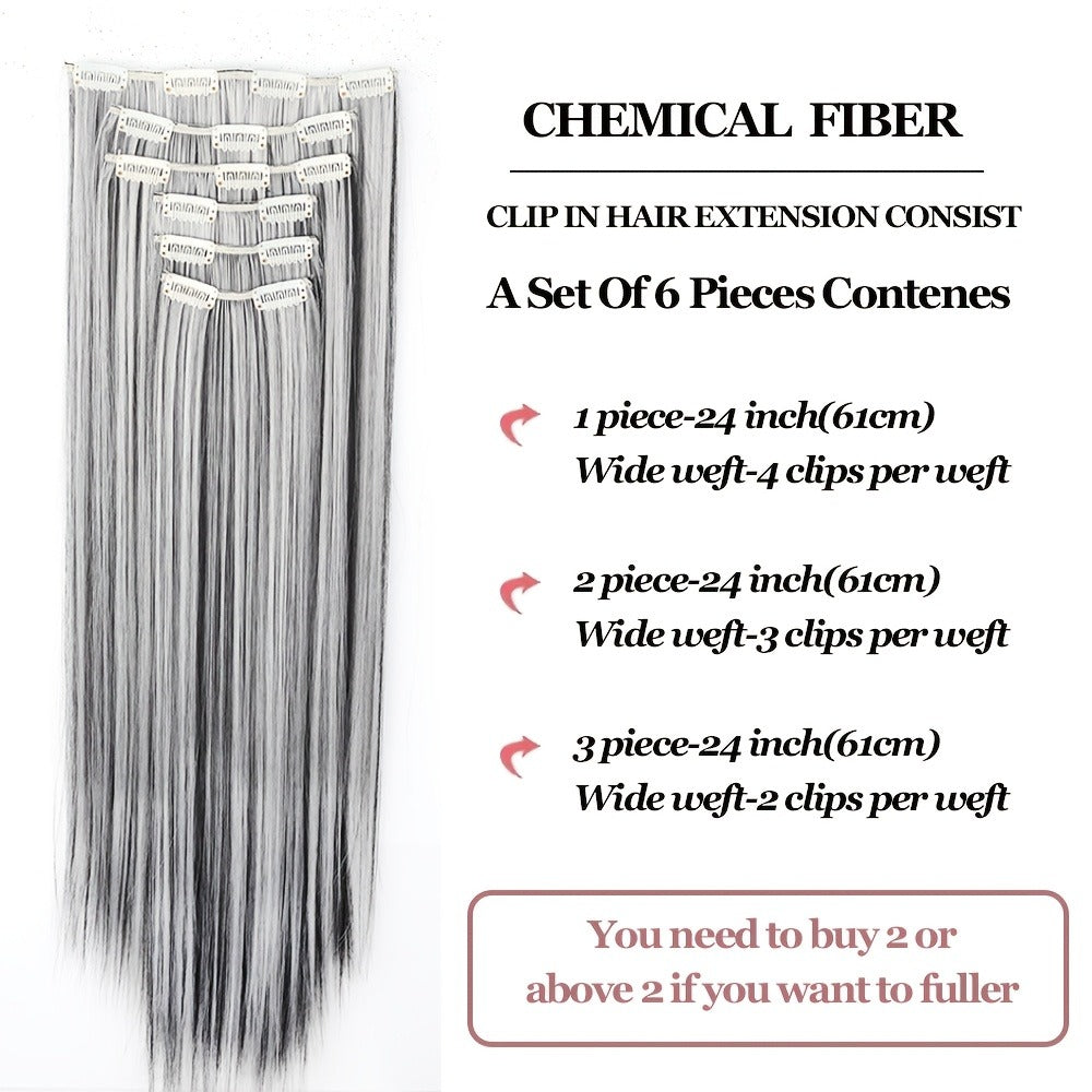 Clip In Hair Extensions Synthetic 6pcs 24 Inch Black Gray Heat Resistant Volume Boosting Hairpiece for Women Daily Wear Halloween Costume Party Cosplay - product image 4