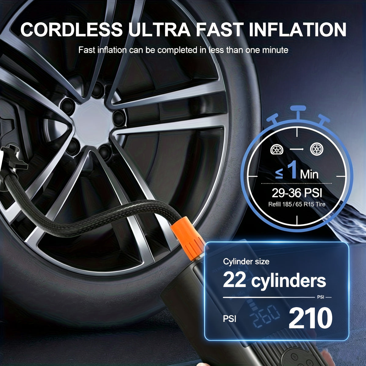 Portable Tire Inflator with Digital Pressure Gauge, Car Tire Pump, 210 PSI, 22 Cylinders, Rechargeable Battery, LED Light, Cordless Air Pump, Wireless Bicycle - product image 4