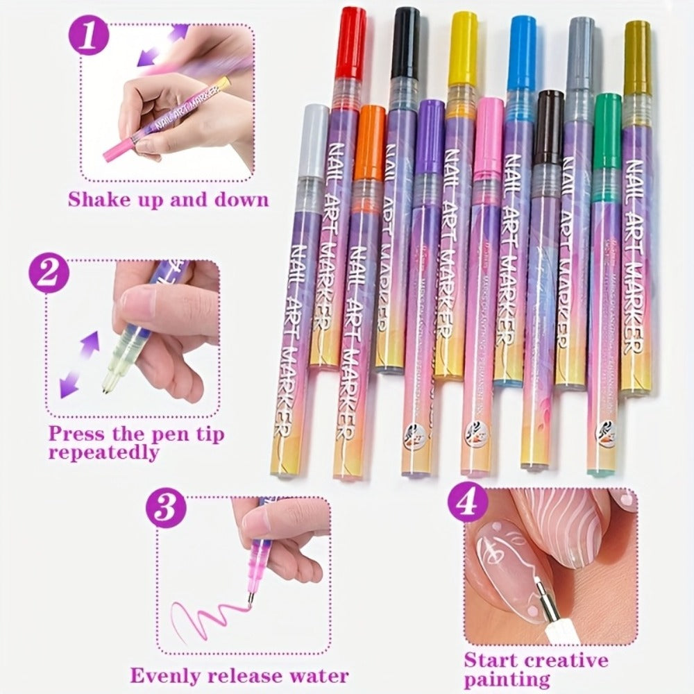 Acrylic Nail Art Pen Set 12 Colors 3D Doodle & Dot Stitching Pens – Quick Drying Precision Fine Tip for Professional Home Salon Nail Design, Long Lasting Vibrant Pigment - product image 4