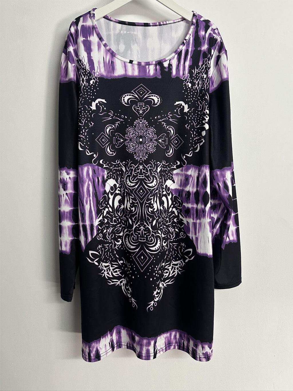 Plus Size, Plus Size Boho Top, Women's Plus Tie Dye Arabesque Print Long Sleeve Round Neck Slight Stretch Tunic Top - product image 11