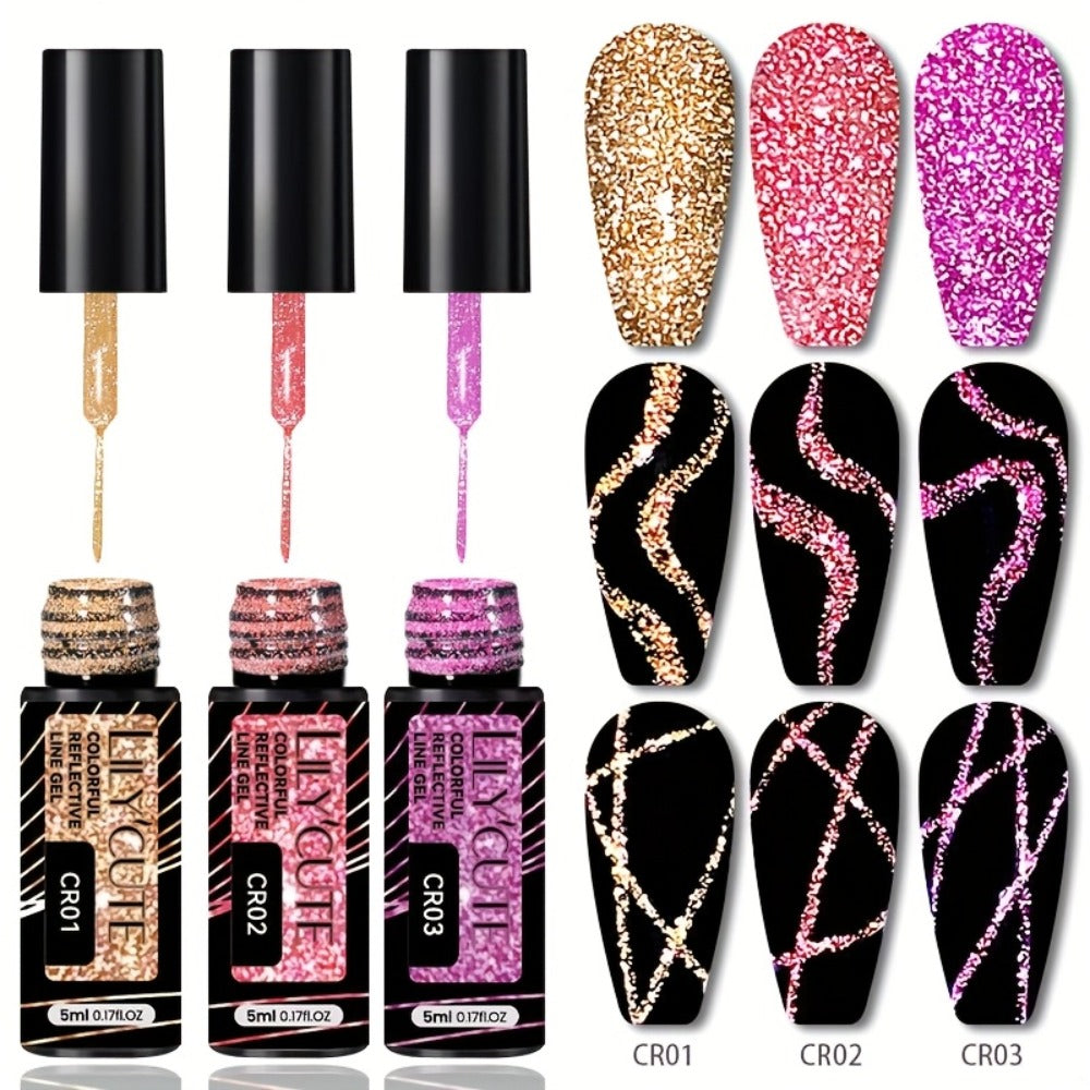 Reflective Glitter Line Gel Nail Art Set LILYCUTE Sparkling Stripe 3pcs 5ml Each - Ultra-Thin Pull Line Drawing Graffiti Gel Polish LED UV Cured DIY Home Manicure for Women - product image