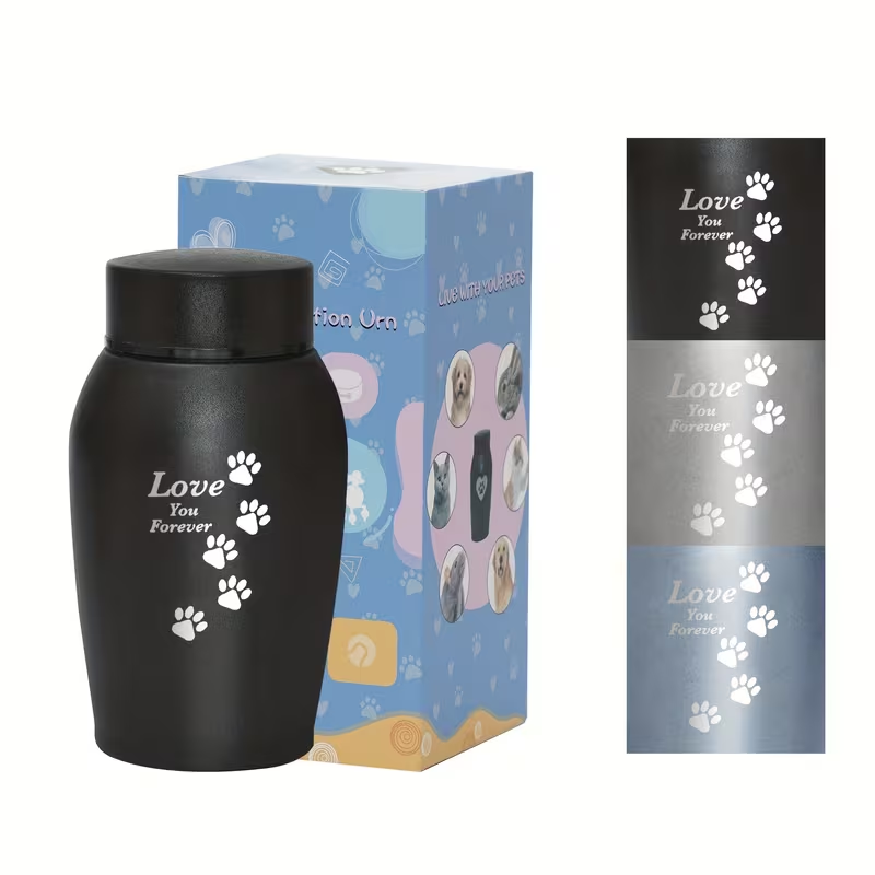 Pet Cremation Urn Stainless Steel Paw Print with Love You Forever Inscription | Secure Seal Large Ash Keepsake Box for Dogs Cats Up to 50lbs | Funeral Home Display Memorial Gift | Black Gray Blue