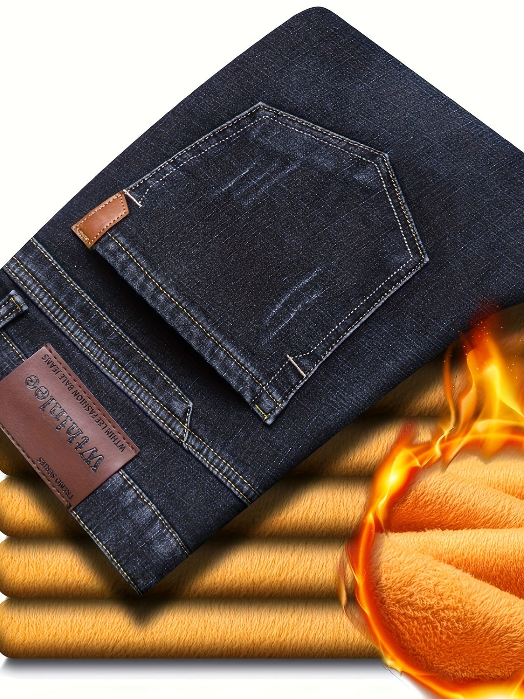 Men's High-Waisted Straight-Leg Winter Jeans - Thickened -Lined Warmth, Washed Denim Texture, Solid Blue Casual Pants for Cold Weather, Cold Weather Apparel - product image 2