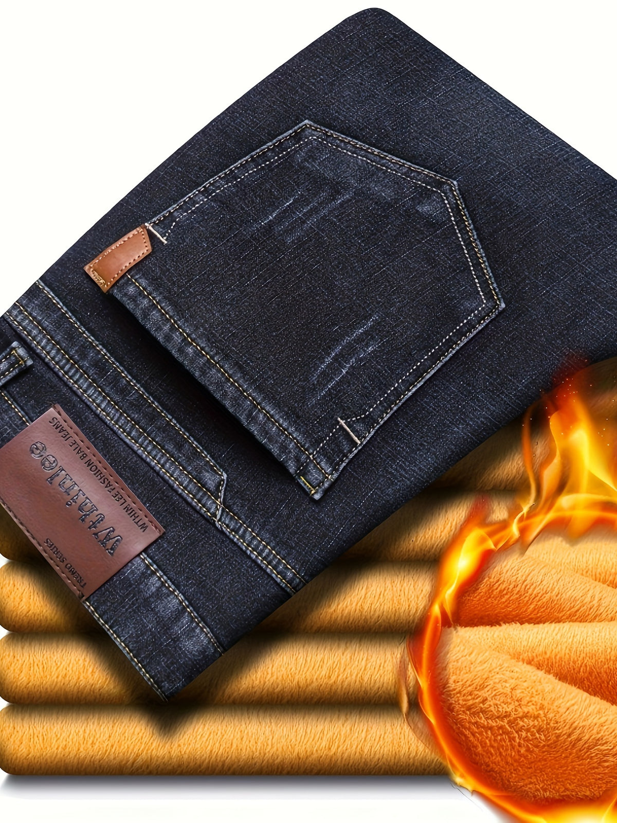 Men's High-Waisted Straight-Leg Winter Jeans - Thickened -Lined Warmth, Washed Denim Texture, Solid Blue Casual Pants for Cold Weather, Cold Weather Apparel - product image 2