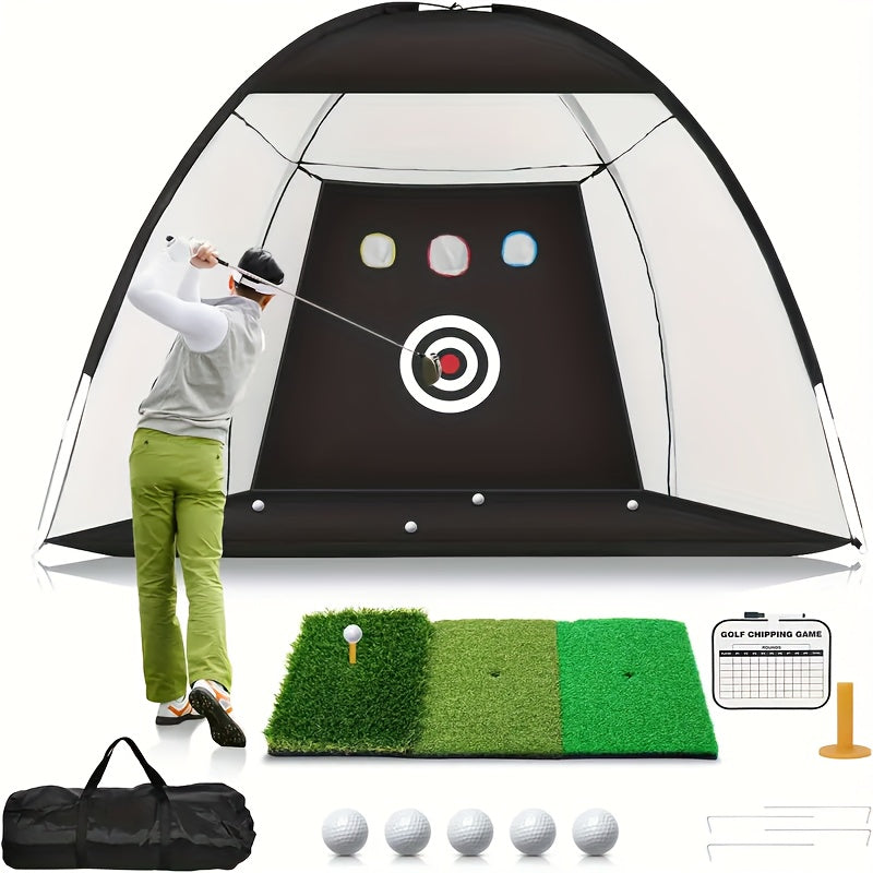 Golf Practice Net Set 10x7ft | Tri-Turf Mat, Target Design, 5 Balls, Tees & Storage Bag | Backyard Golf Training Net for Home Use - product image