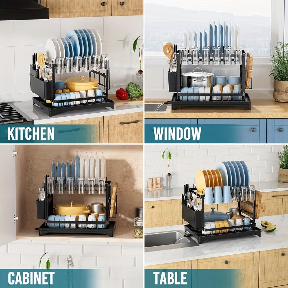 2-Tier Metal Dish Drying Rack with Drainboard – Kitchen Counter Dish Drainer Compact Countertop Drying Rack Black White Gray - product image 8