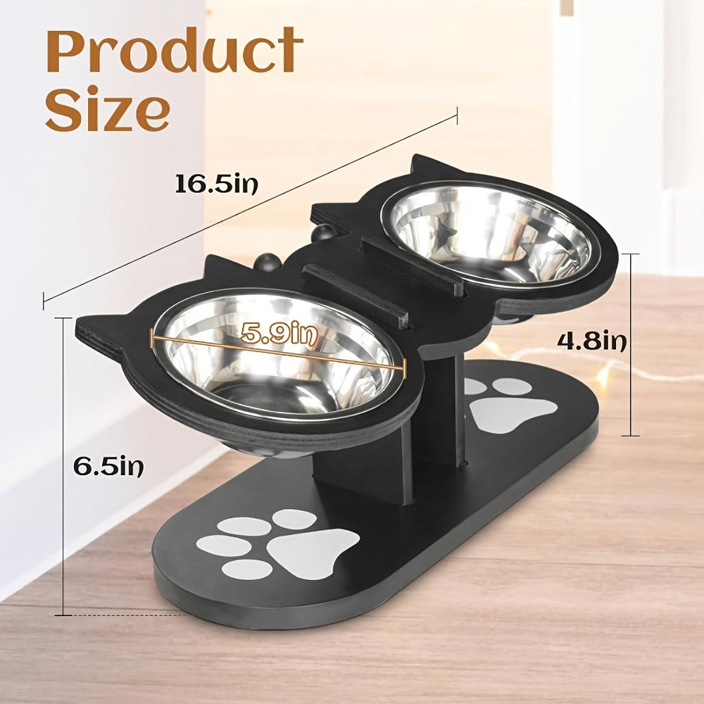 Elevated Cat Bowl Stand with Tilted Stainless Steel Bowls | Adjustable Raised Feeder, Anti-Spill, Black Wood Base for Cats & Small Dogs - product image 11