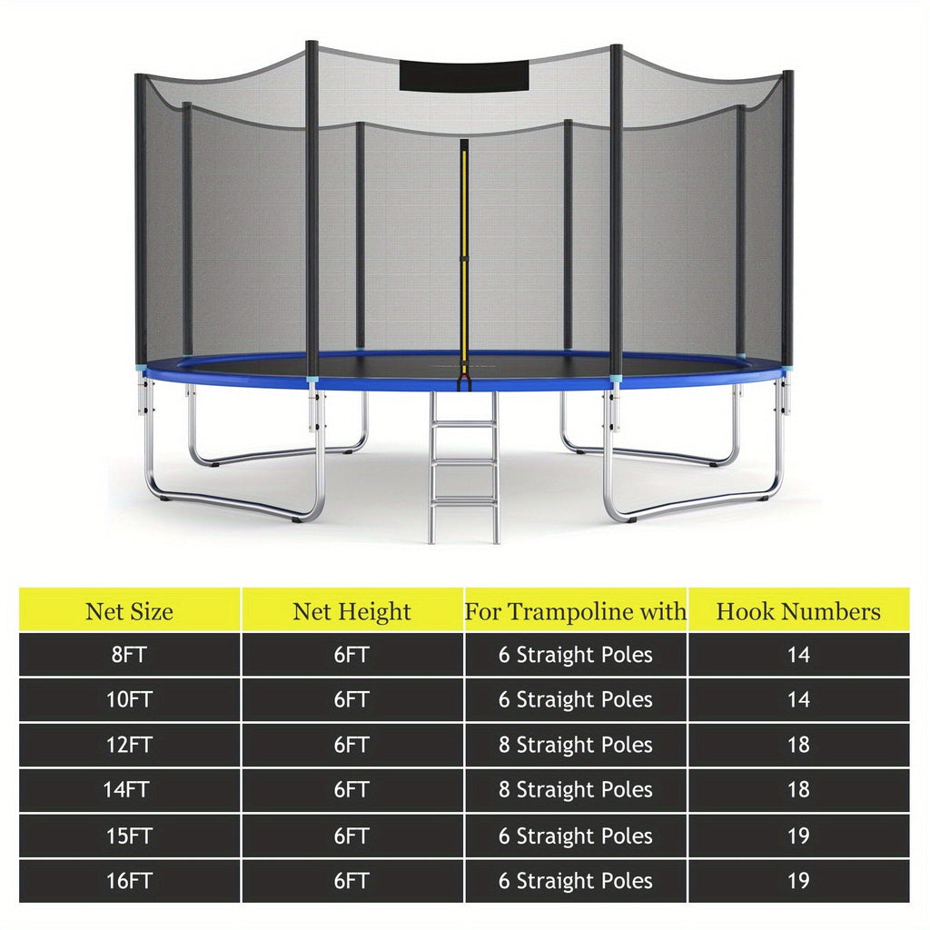 PE Enclosure Net with Zipper Door & Safety Buckles for 8 Straight Poles – Trampoline Safety Net Replacement 12FT 14FT