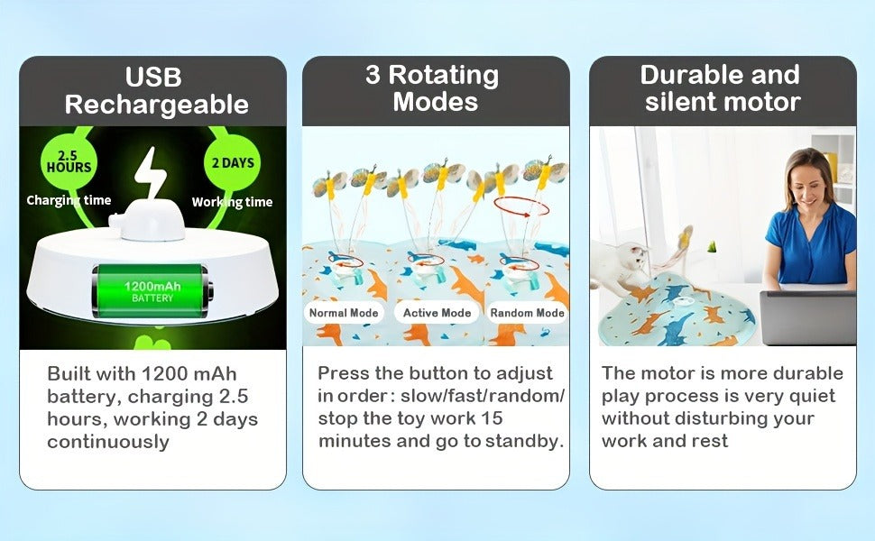 USB Rechargeable 1200mAh Auto Shut-Off 3 Speed Modes Indoor Cat Exercise Toy by Valonii – Interactive Cat Toy Electric Motion Activated 2-in-1 Rotating - product image 10