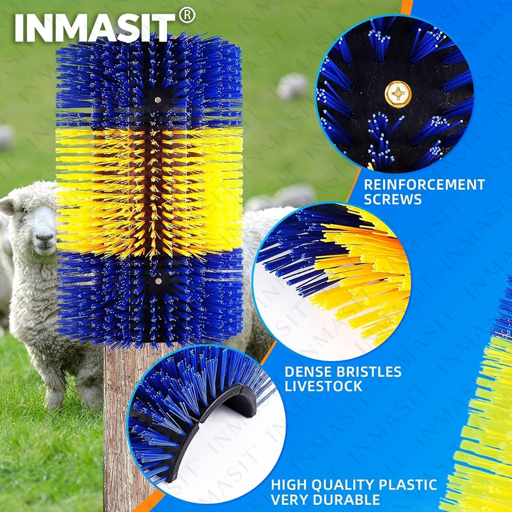 Livestock Grooming Brush Scratcher 8.7" – Easy Install with 4 Screws, Battery-Free Stress Reduction, Red/Blue & Yellow/Blue – All-in-One Massage & Itch Relief - product image