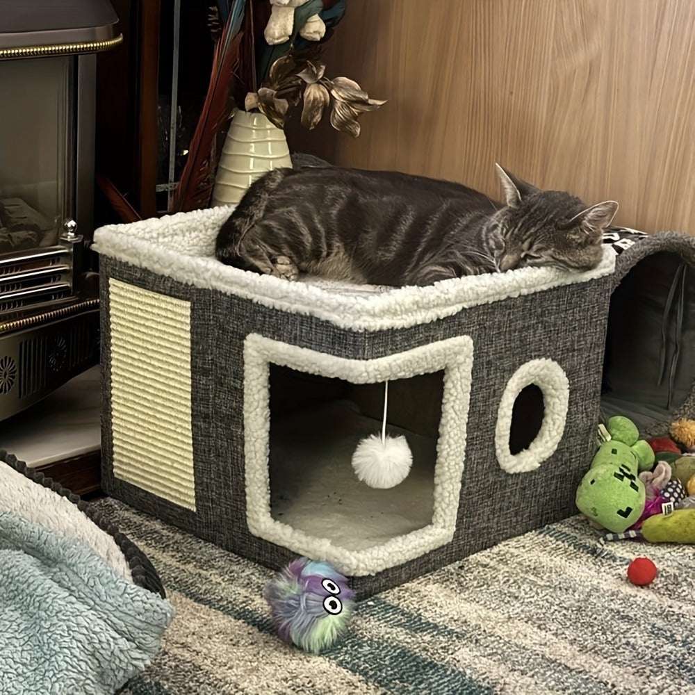 Foldable 2-Level Cat Tree with Scratching Post, Toy Tunnel & Plush Hanging Ball, Space-Saving Nylon Canvas Cat Furniture 16.5x16.5x13in for Small Spaces - product image 7