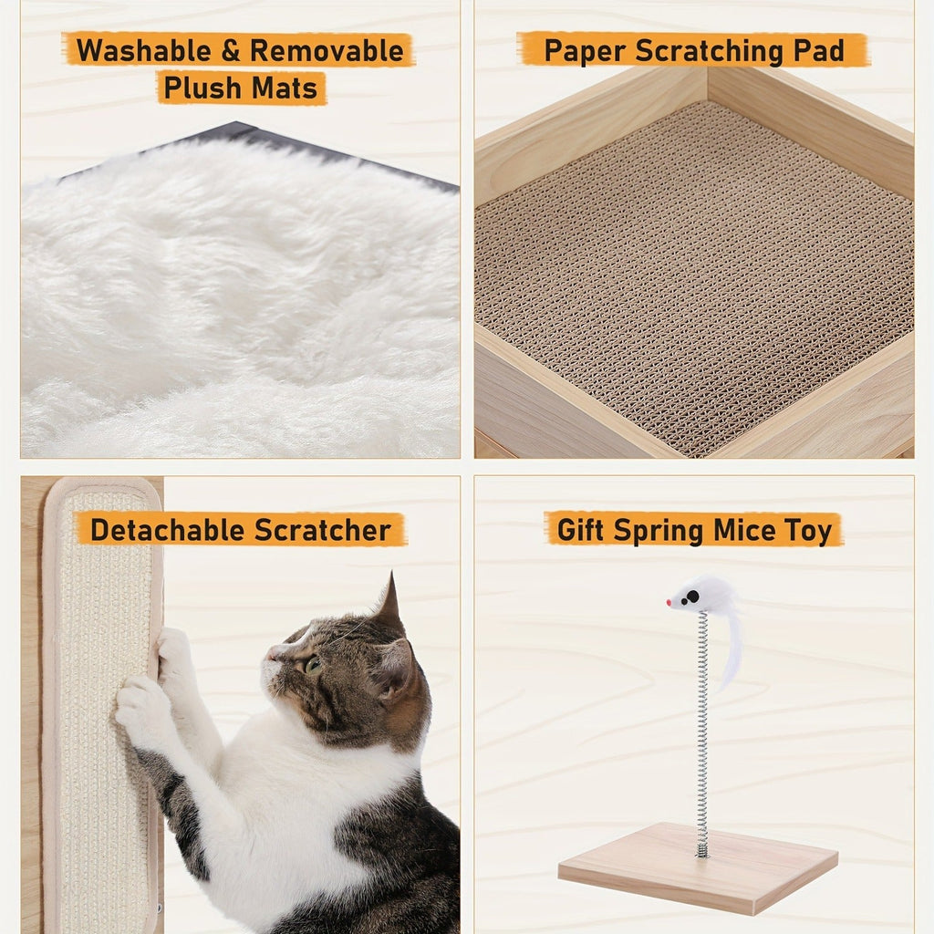 Cat Tree Small Modern 23.6" Wood Cat Tower Furniture with Scratching Pad Removable Soft Mats & Free Cat Toy for Indoor Kittens – Brown – Climbing Scratching - product image 8
