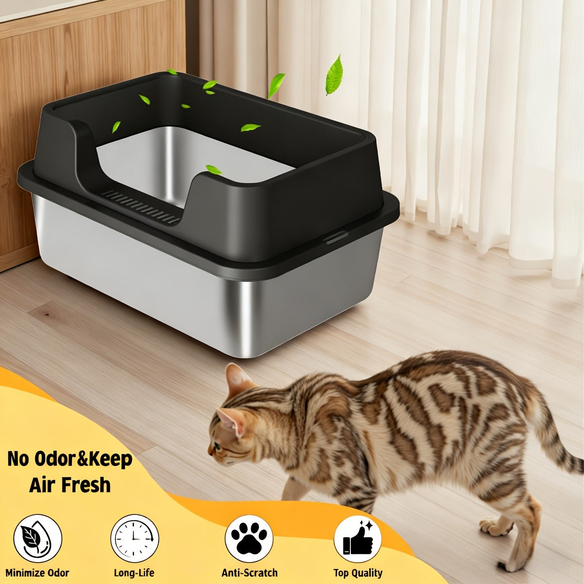 Stainless Steel Cat Litter Box with Scoop – High-Wall Semi-Enclosed Design, Non-Stick Easy Clean Surface, Anti-Leakage Odor Control, 2 Sizes for Kittens - product image
