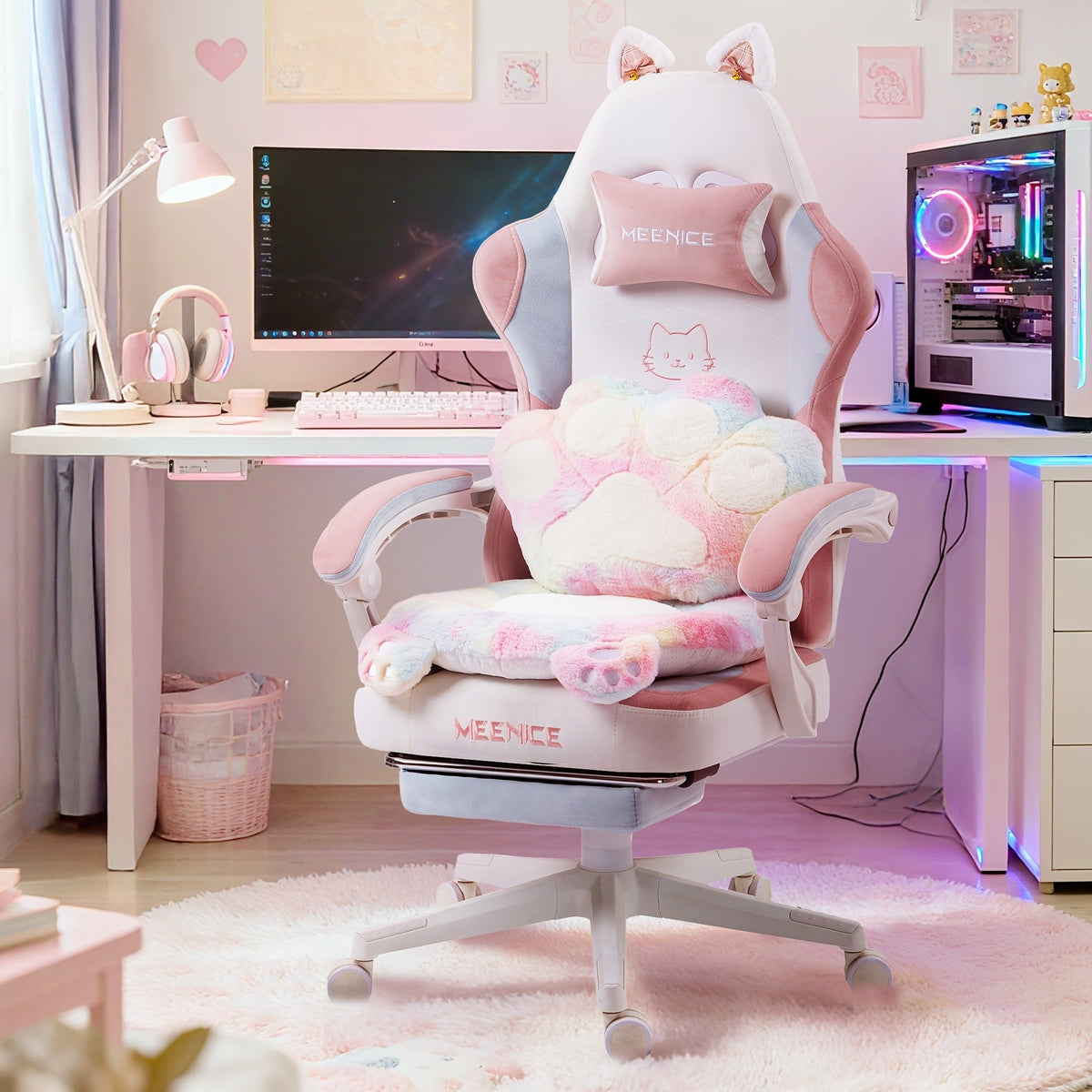 Cat Ear Gaming Chair Ergonomic Reclining Computer Chair with Footrest Paw Lumbar Cushion Wingback PC Game Chair for Girls Adults 300LBS Pink Black Blue for Barbershop & Home Grooming