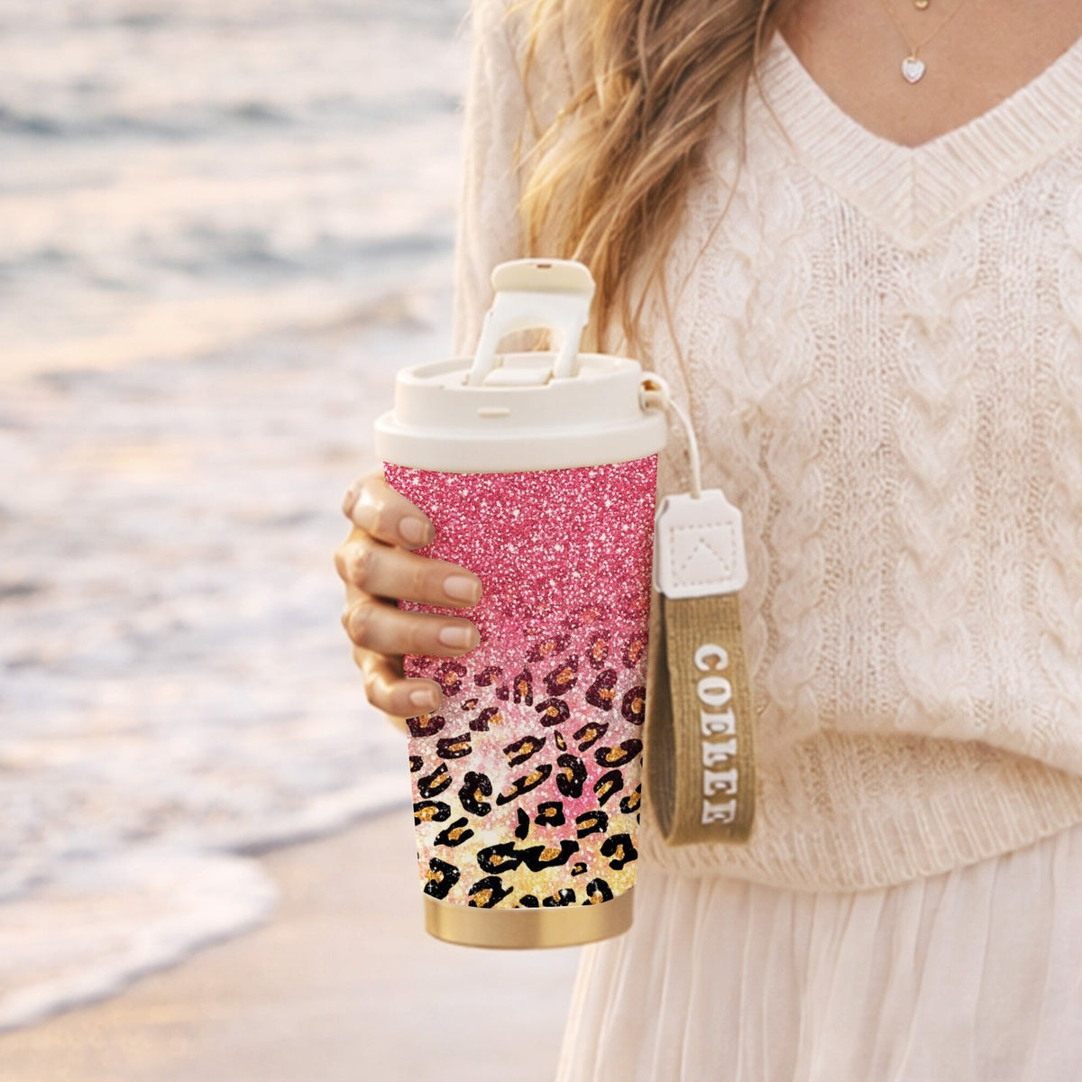 Pink Glitter & Golden Leopard Print, Leak-Proof Collapsible Straw Lid, Keep Hot 12H Cold 24H, Trendy Travel Coffee Cup Gift for Women | Insulated Stainless Steel Tumbler 18oz