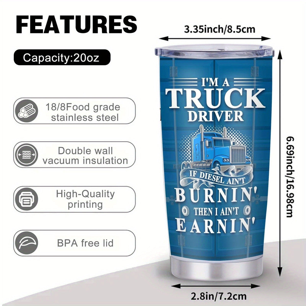 Truck Driver Tumbler 20oz Stainless Steel Insulated Coffee Cup with Lid Birthday Gift for Husband Son Grandpa Nephew Farmer Truck Driver Men for Kitchen & Dining