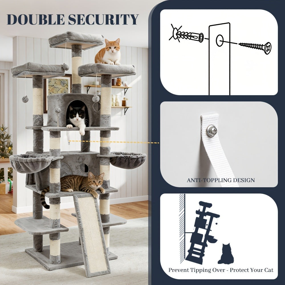 Large Multi-Level Cat Tree Tower – 68 – 81 Inch Tall Cat Condo with 2 Condos, 3 Plush Perches, Scratching Posts & Cat Hair Brush - product image 18