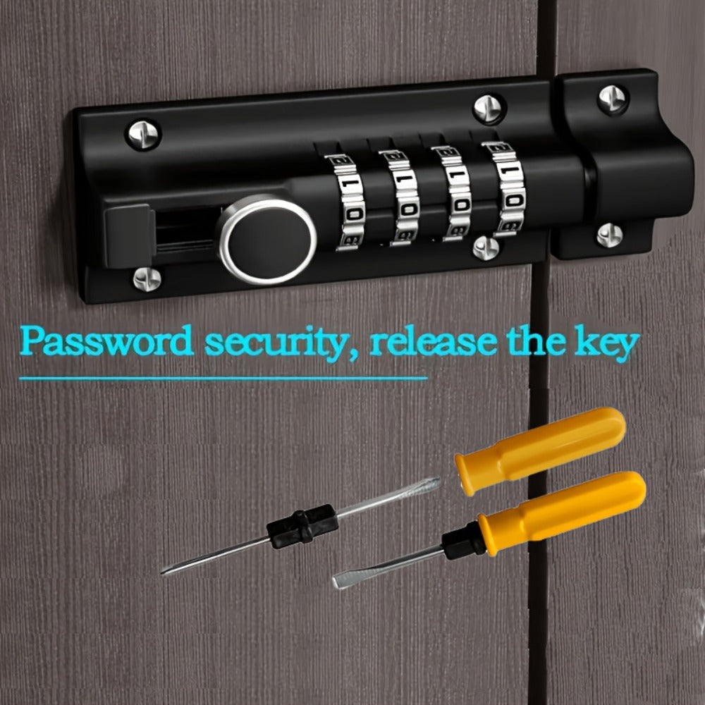 Combination Bolt Lock 4-Digit Heavy Duty Zinc Alloy Sliding Security Lock – Keyless Door Bolt with Screwdriver Set for Shed Gate Fence & Outdoor Doors, Black - product image