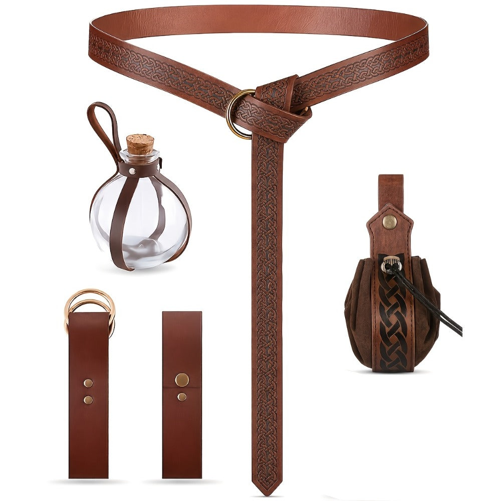 LARP Halloween Cosplay Renaissance Fair Themed Party Role Play Costume Accessory, Black & Brown – Medieval Belt Set 5pcs Viking Renaissance Faux Leather - product image 9