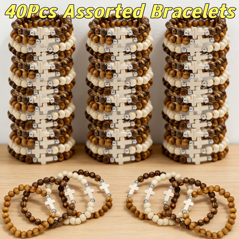 20/40PCS Vintage Ethnic Alloy Cross Pendant Woven Elastic Bracelets, Assorted Colors Christian Religious Jewelry Gifts for Kids Adults | Cross Bracelets Bulk for Baptism Party Favors