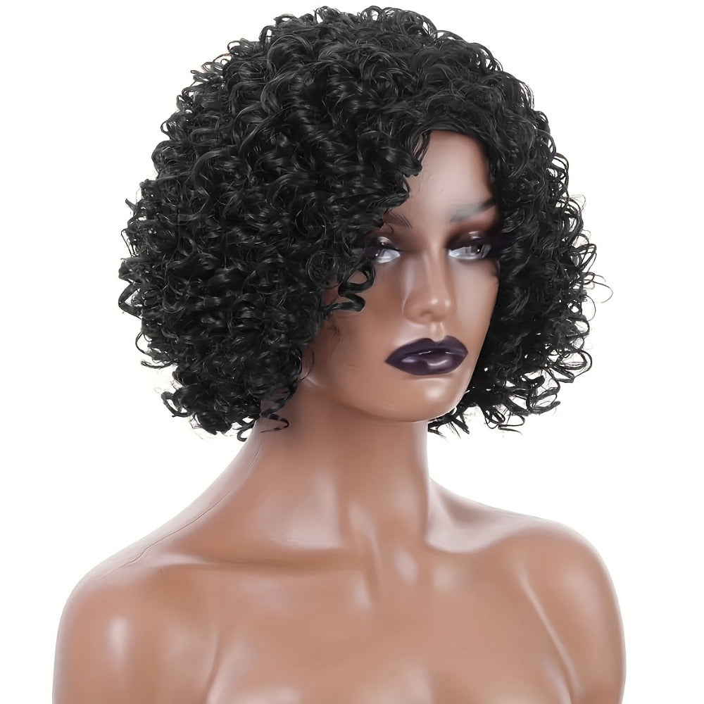 Short Afro Kinky Curly Wig 12 Inch Synthetic Heat Resistant Elastic Cap – Full Coverage Voluminous Hair Replacement Wig for Women | Black & Black Mixed Brown | Daily Wear Party Cos - product image 3