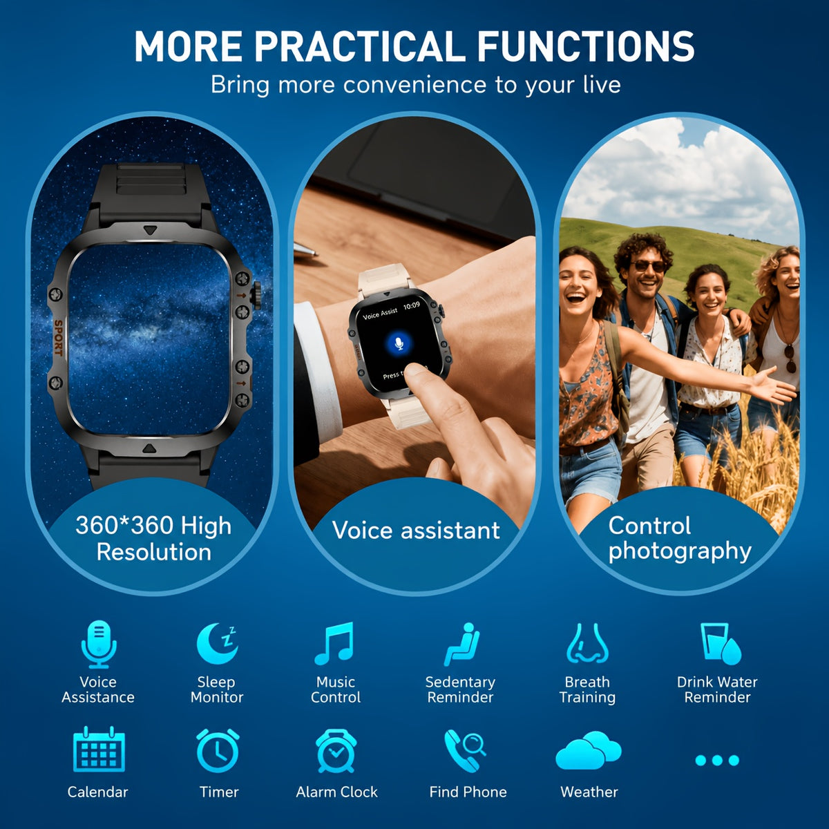 Large-Screen Smartwatch Compatible for iPhone & Android, Wireless Smartwatch with Wireless Calling/SMS, Fitness Tracker, Remote Camera Control, USB - product image 2