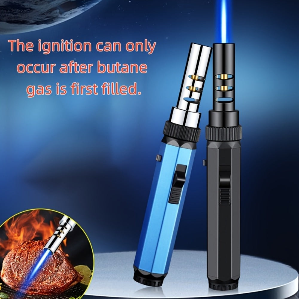 Windproof Jet Flame Torch Lighter with Safety Lock & Switch Lock, Large Adjustable Flame, Outdoor Torch for Campfire BBQ Baking Camping, Gas Not Included, Black Silver Blue - product image 2