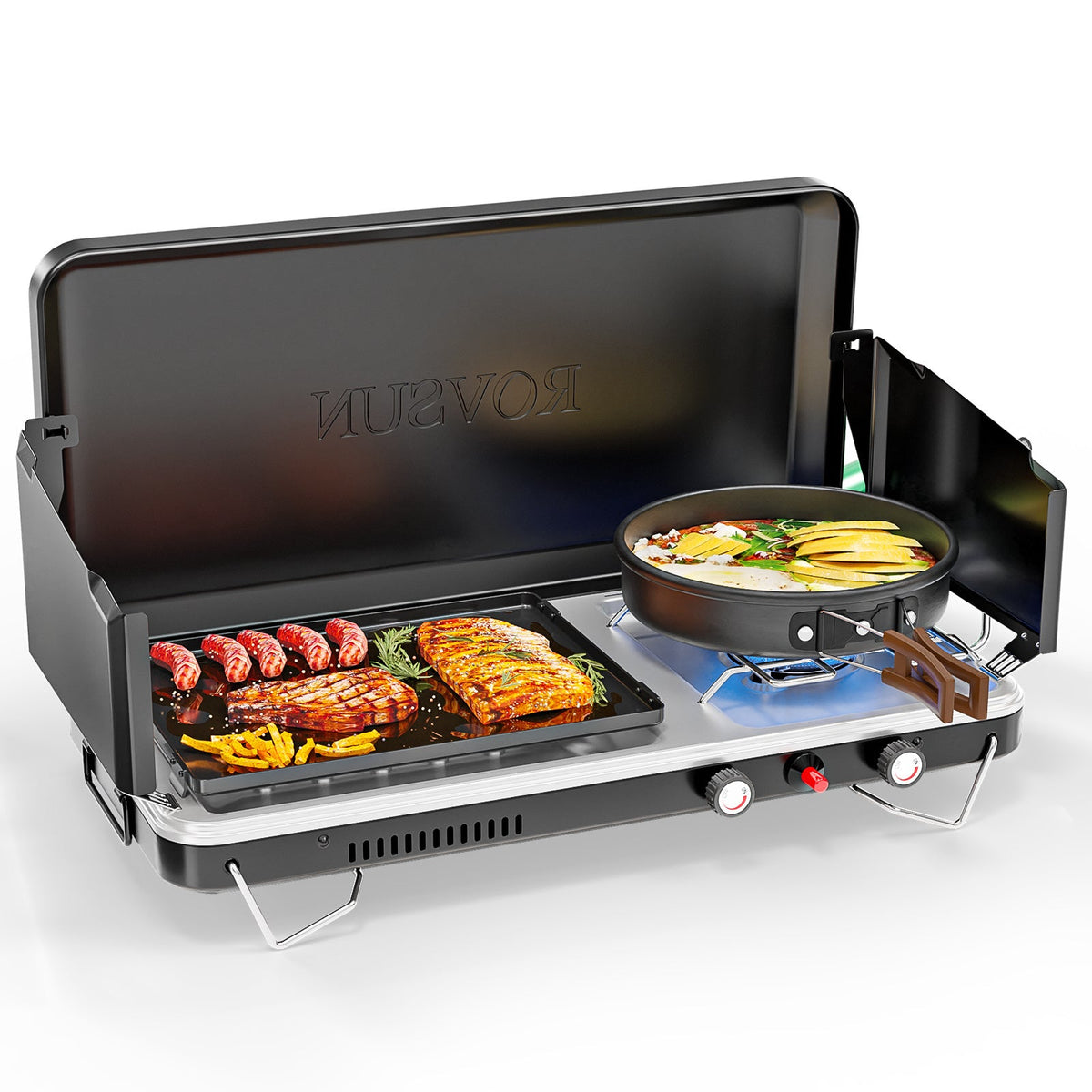 Camping Stove with Oven 2-in-1 – Camping, Backyard & Picnic Cooking – Portable Propane Double Burner 16, 000 BTU & Outdoor Oven Combo with Auto-Ignition & Thermometer