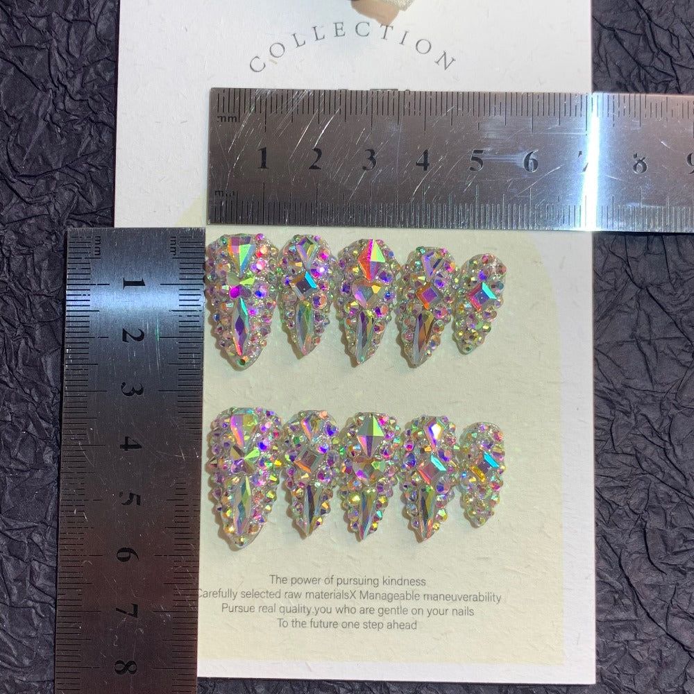 Almond Press On Nails 10pcs Medium Length Glitter Strobe AB Crystal Rhinestone – Color Block Fake Nails Kit with Nail File, Cuticle Stick & Sticker Pad for Party, Wedding, Date Nig - product image 8