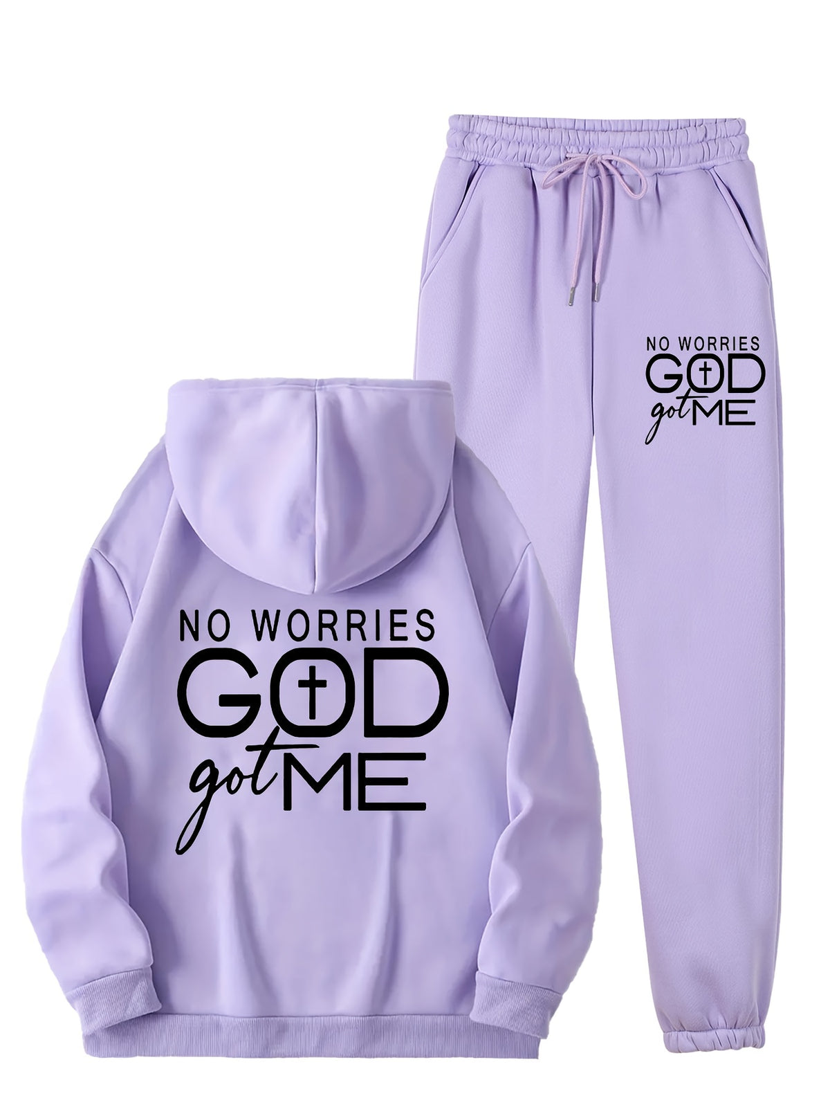 Women's Fleece-Lined Hoodie & Printed Sweatpants Set , Machine Washable, Pocket Detail, Comfortable Warm