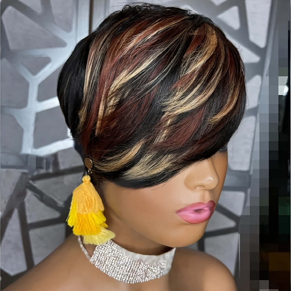 Short Pixie Cut Wig with Bangs Black Blonde Layered 4 Inch Rose Net Cap | Brown Blonde Mix Synthetic Wig for Black Women Daily Wear Office Party - product image 5