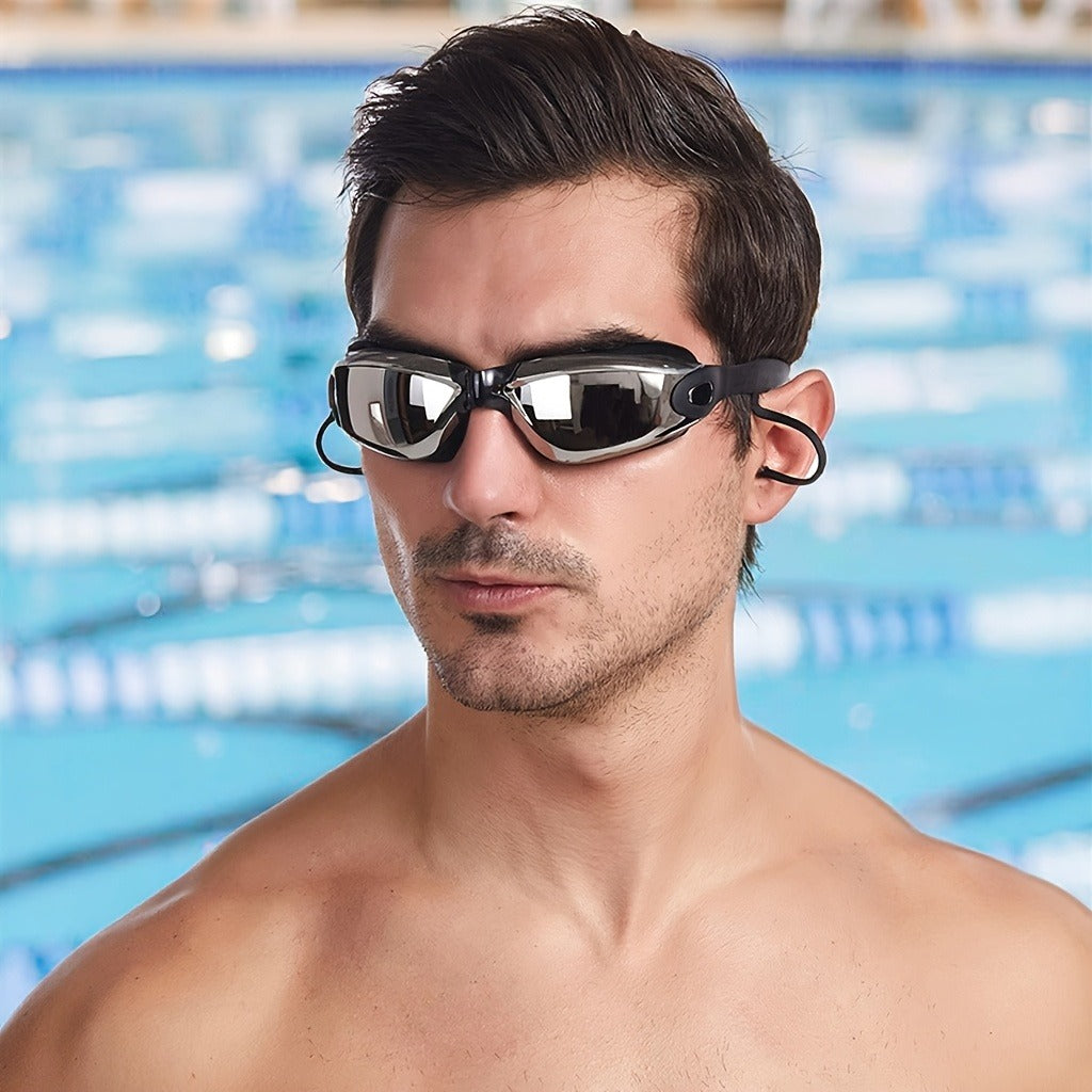 Swimming Goggles 6pcs Set with Cap Nose Clip Earplugs & Storage Bag | UV Protection Anti-Fog Adult Racing Swim Goggles Bundle, Silver-Coated Black Lens - product image