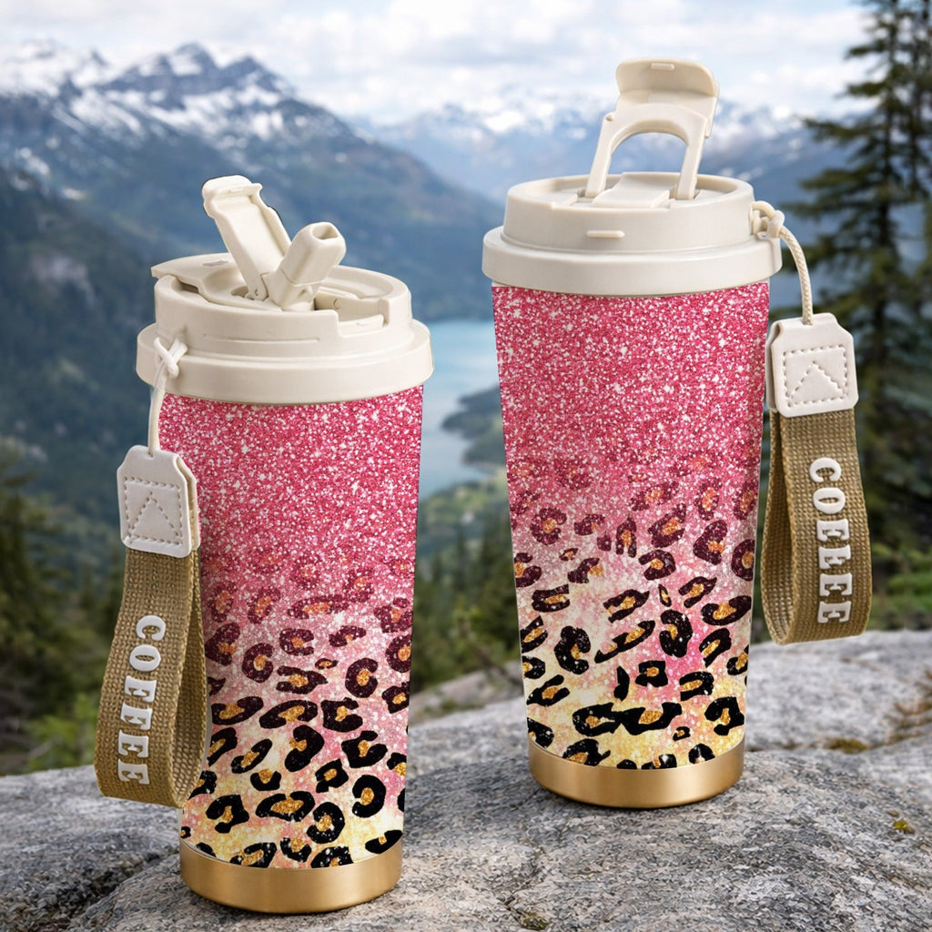 Pink Glitter & Golden Leopard Print, Leak-Proof Collapsible Straw Lid, Keep Hot 12H Cold 24H, Trendy Travel Coffee Cup Gift for Women | Insulated Stainless Steel Tumbler 18oz