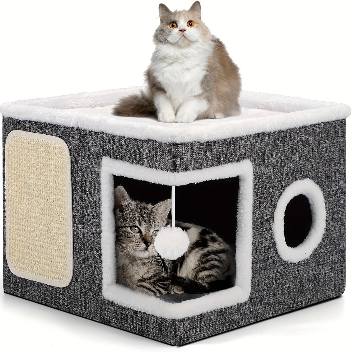 Foldable 2-Level Cat Tree with Scratching Post, Toy Tunnel & Plush Hanging Ball, Space-Saving Nylon Canvas Cat Furniture 16.5x16.5x13in for Small Spaces - product image 8