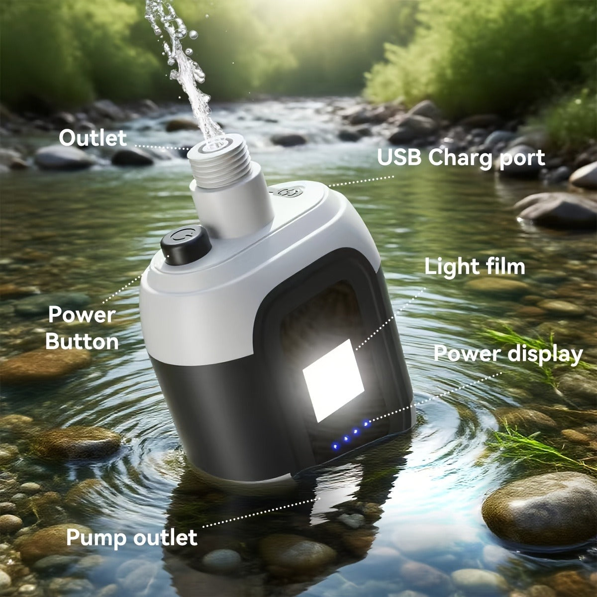 Portable Outdoor Shower with Light 2-in-1 – Camping, Hiking, Pet Bathing & Car Cleaning Shower Pump – 2000mAh Rechargeable, Power Display, Spray Nozzle, Hose - product image 16