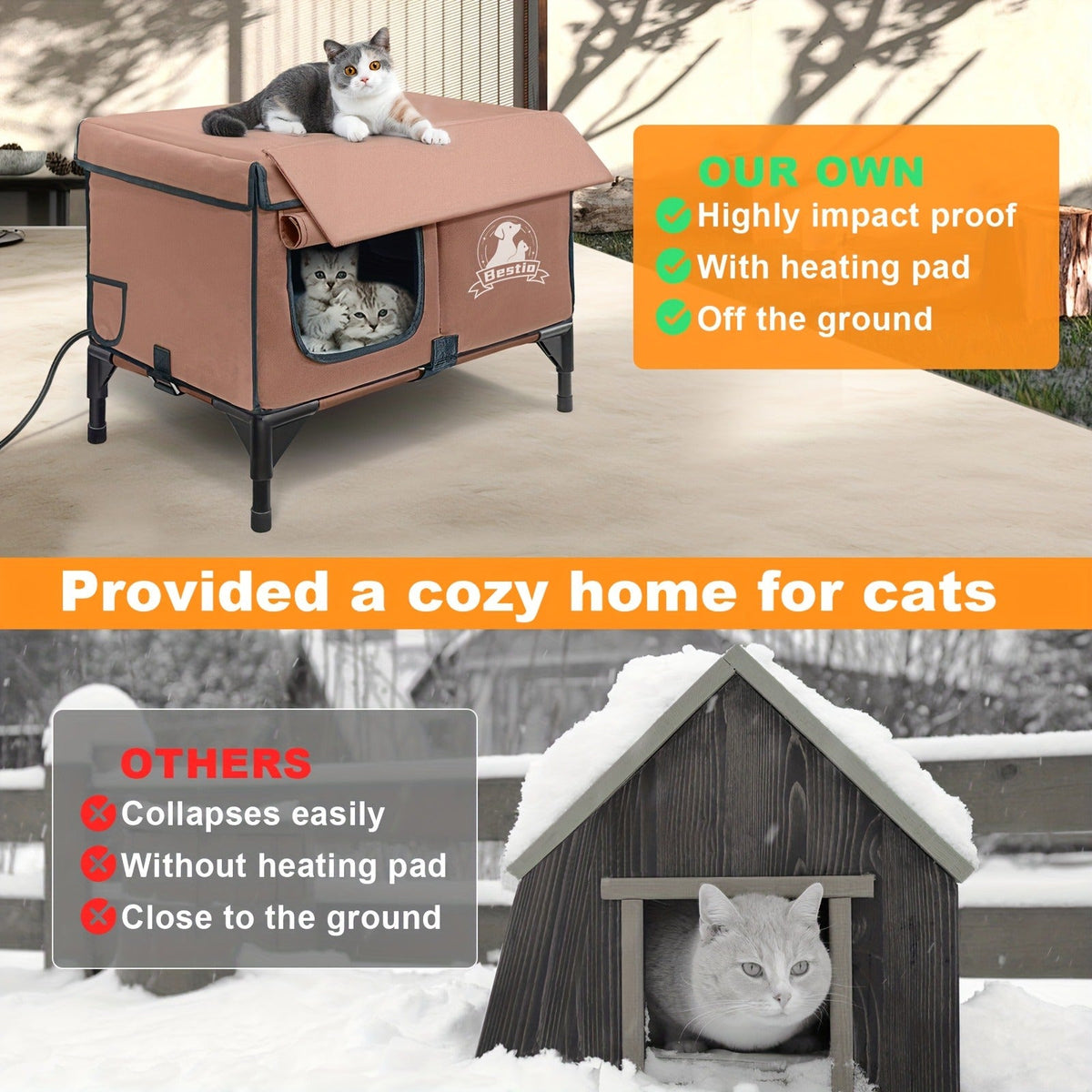 Heated Cat House 3-in-1 with Removable Warming Pad | Elevated Cat Bed for Indoor & Outdoor Cats | Chew-Resistant Cord | All-Season Cat Shelter & Condo | Double - product image 17