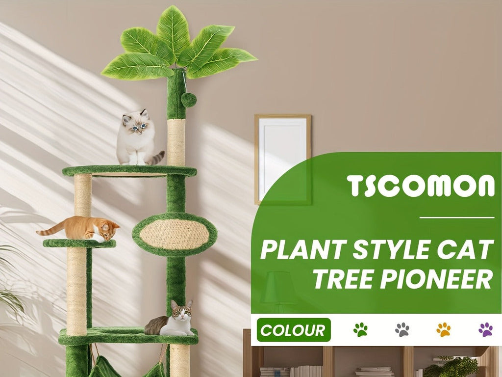 Cat Furniture for Living Room – Cat Tree 55" Large Multi-Level Cat Tower for Indoor Cats with Green Leaves, Hammock, Sisal Scratching Posts & Hanging Ball Toy - product image