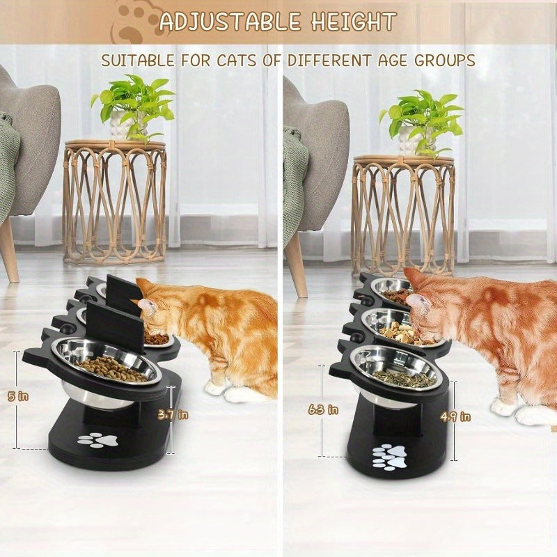 Elevated Cat Bowl Stand with Tilted Stainless Steel Bowls | Adjustable Raised Feeder, Anti-Spill, Black Wood Base for Cats & Small Dogs - product image