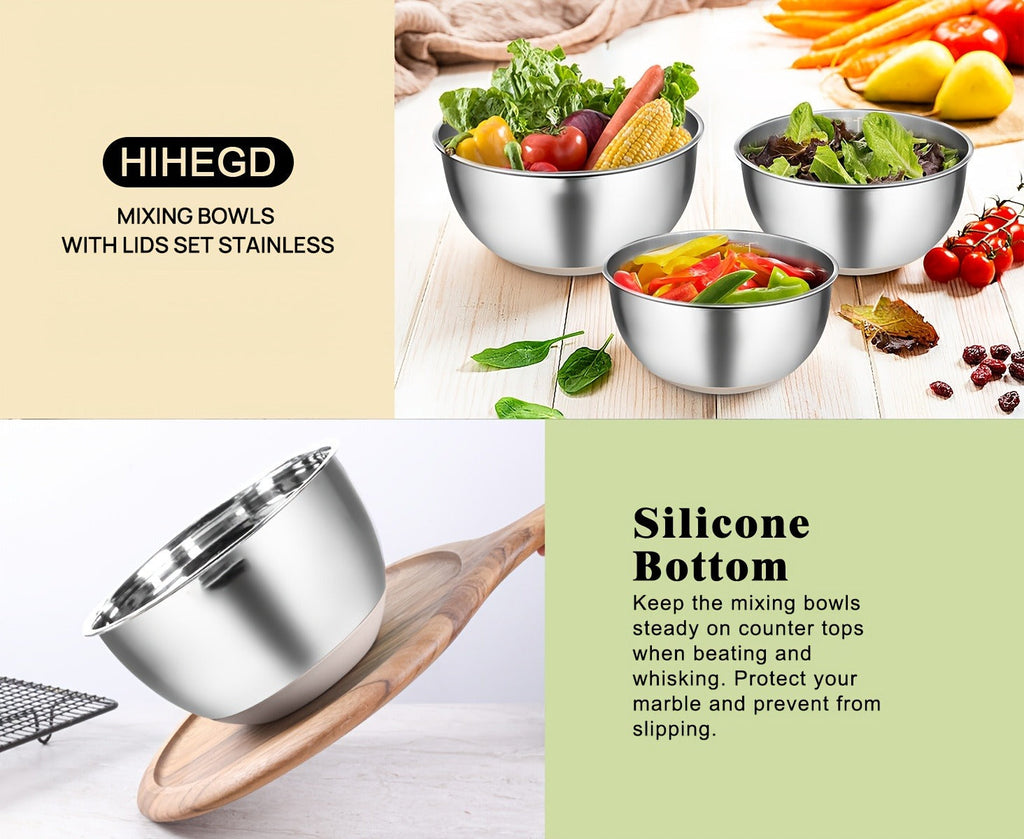 Stainless Steel Mixing Bowls Set with Airtight Lids 7 Piece | Dishwasher Safe Kitchen Bowls for Cooking Baking Camping Travel | Stackable Nesting Bowls with Measuring Spoons Whisk Spatula Tongs Basting Brush
