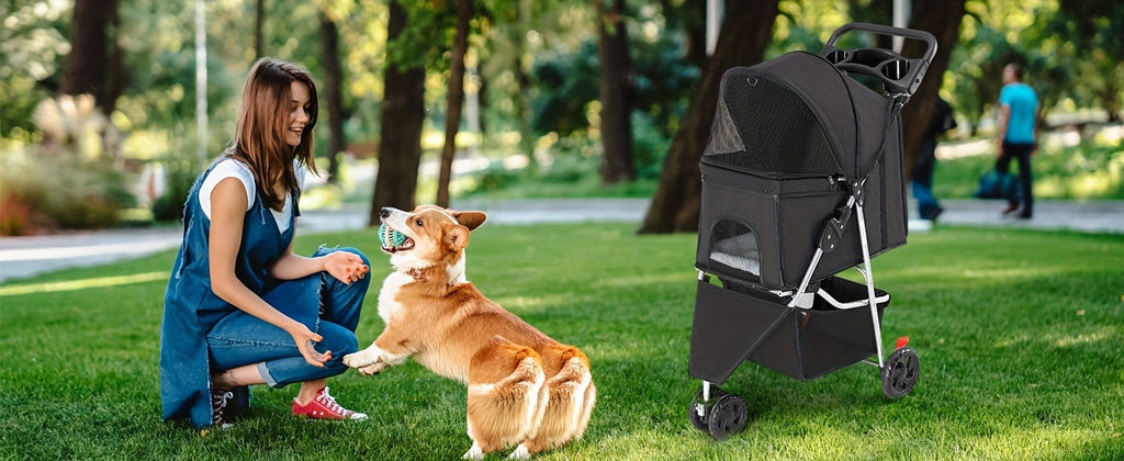 Foldable Jogger Stroller with Weather Cover, Storage Basket & Cup Holder, Breathable Mesh Window, All-Season Outdoor Walk Pram, Black | 3-Wheel Pet Stroller - product image 6