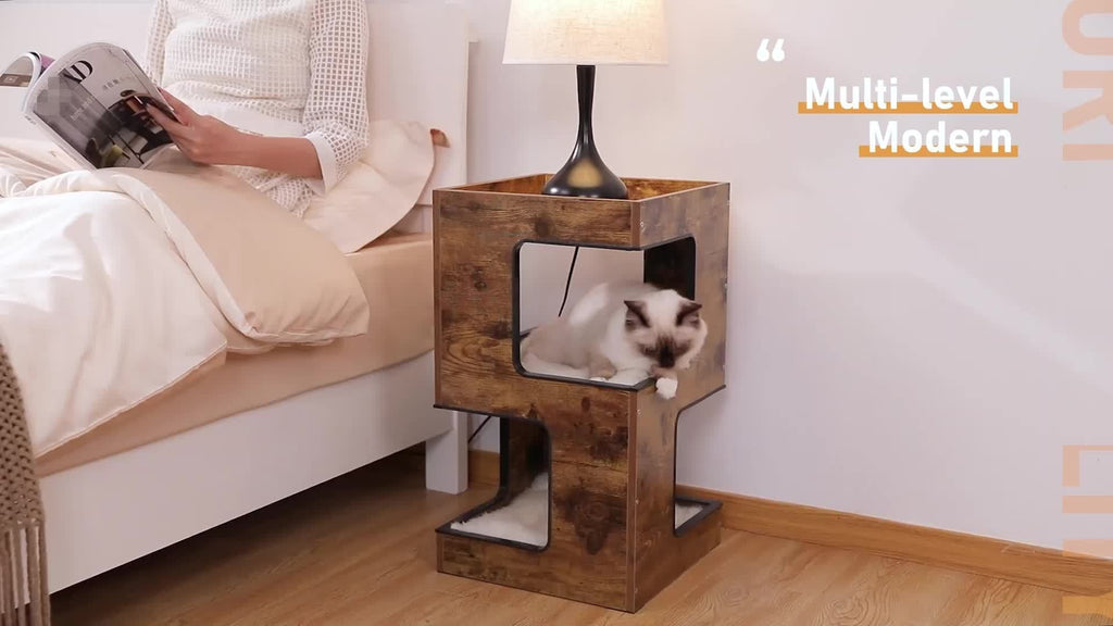 Cat Tree Small Modern 23.6" Wood Cat Tower Furniture with Scratching Pad Removable Soft Mats & Free Cat Toy for Indoor Kittens – Brown – Climbing Scratching - product image 9