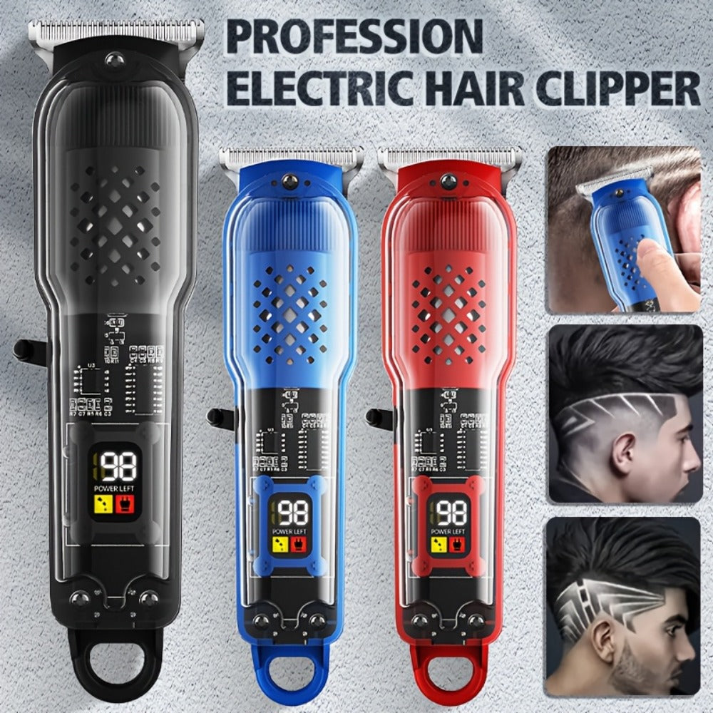 Retro Transparent Hair Clippers for Men – Electric Trimmer with LCD Display, USB Rechargeable Beard Clipper for Pompadour Fade Styles, Cordless Home Barber Tool, Red Black Blue - product image