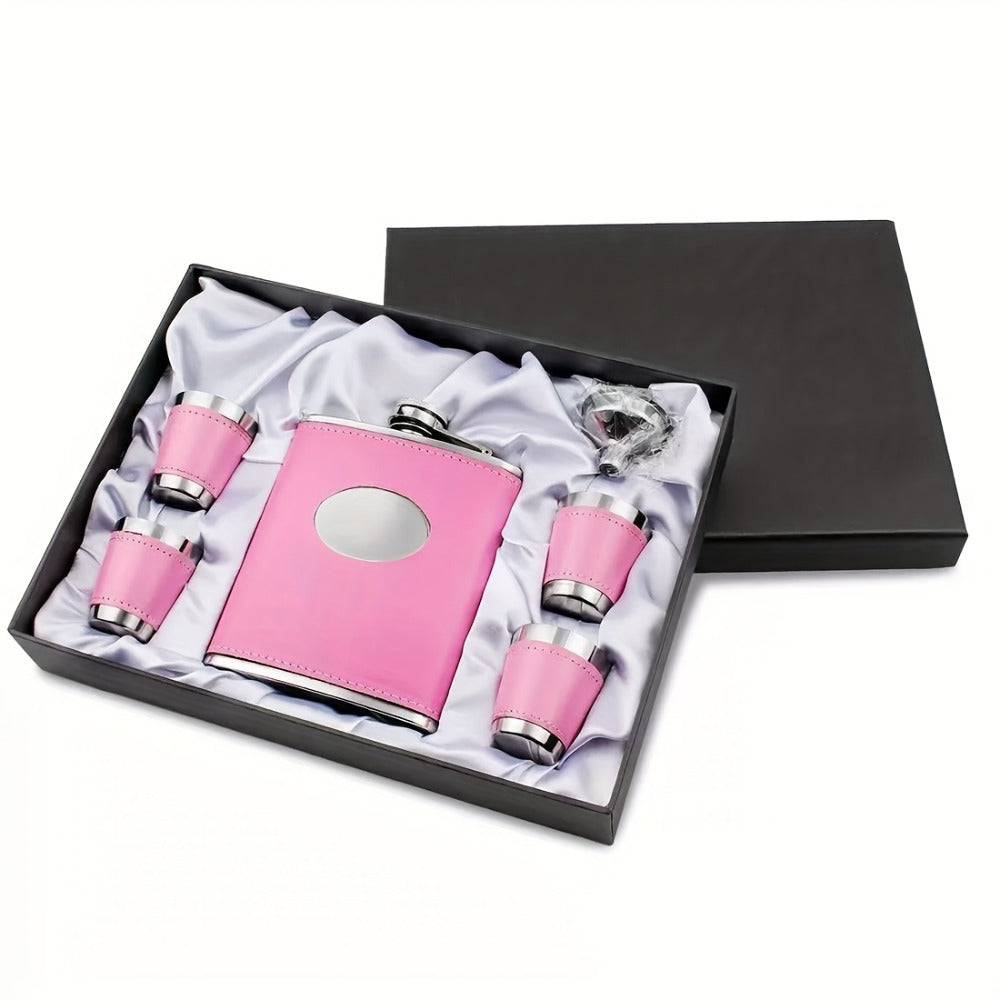 Flask Set for Women 6oz Leather Wrapped Stainless Steel Hip Flask Gift Set with 4 Cups and Funnel Pink Orange Blue Holiday Christmas Valentine Gift for Girlfriend Mom - product image 2