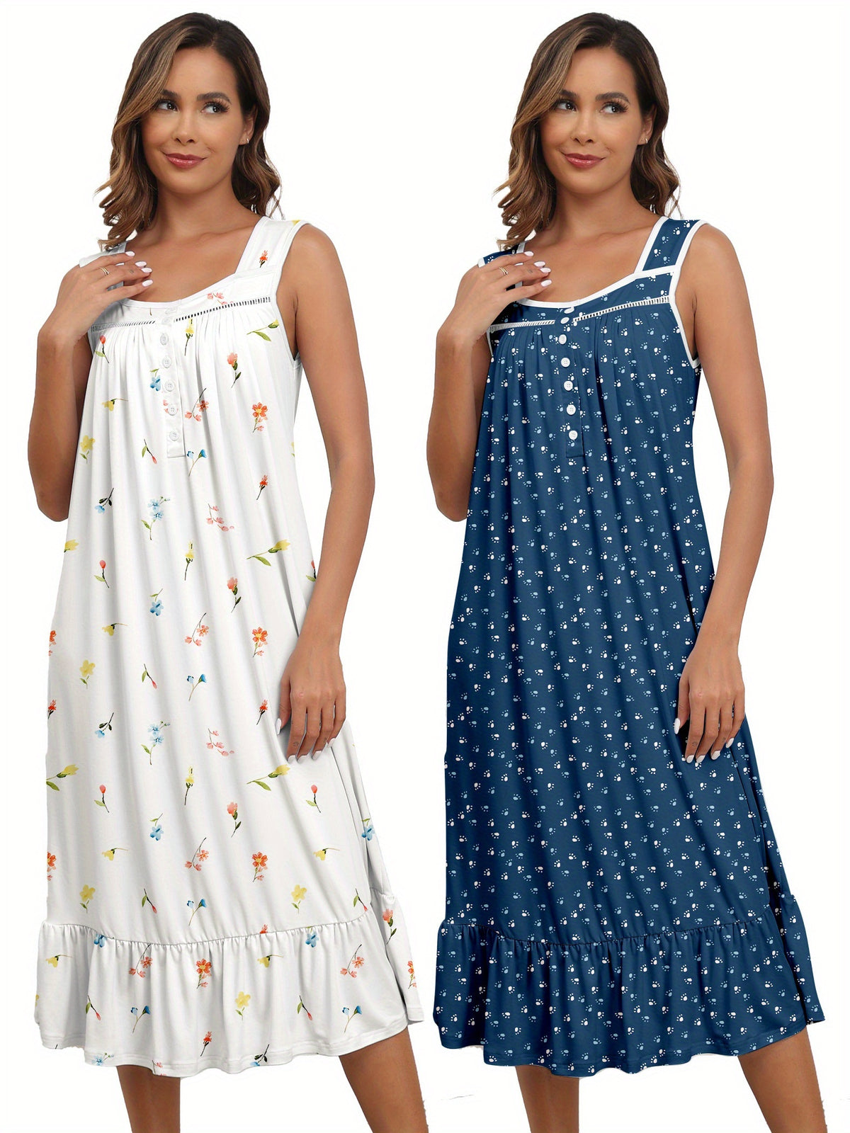 2pcs Nightgowns for Women - Long Flowy Victorian Sleeveless Sleepshirt, Elegant Printed Sleepwear Set (S-XXL)