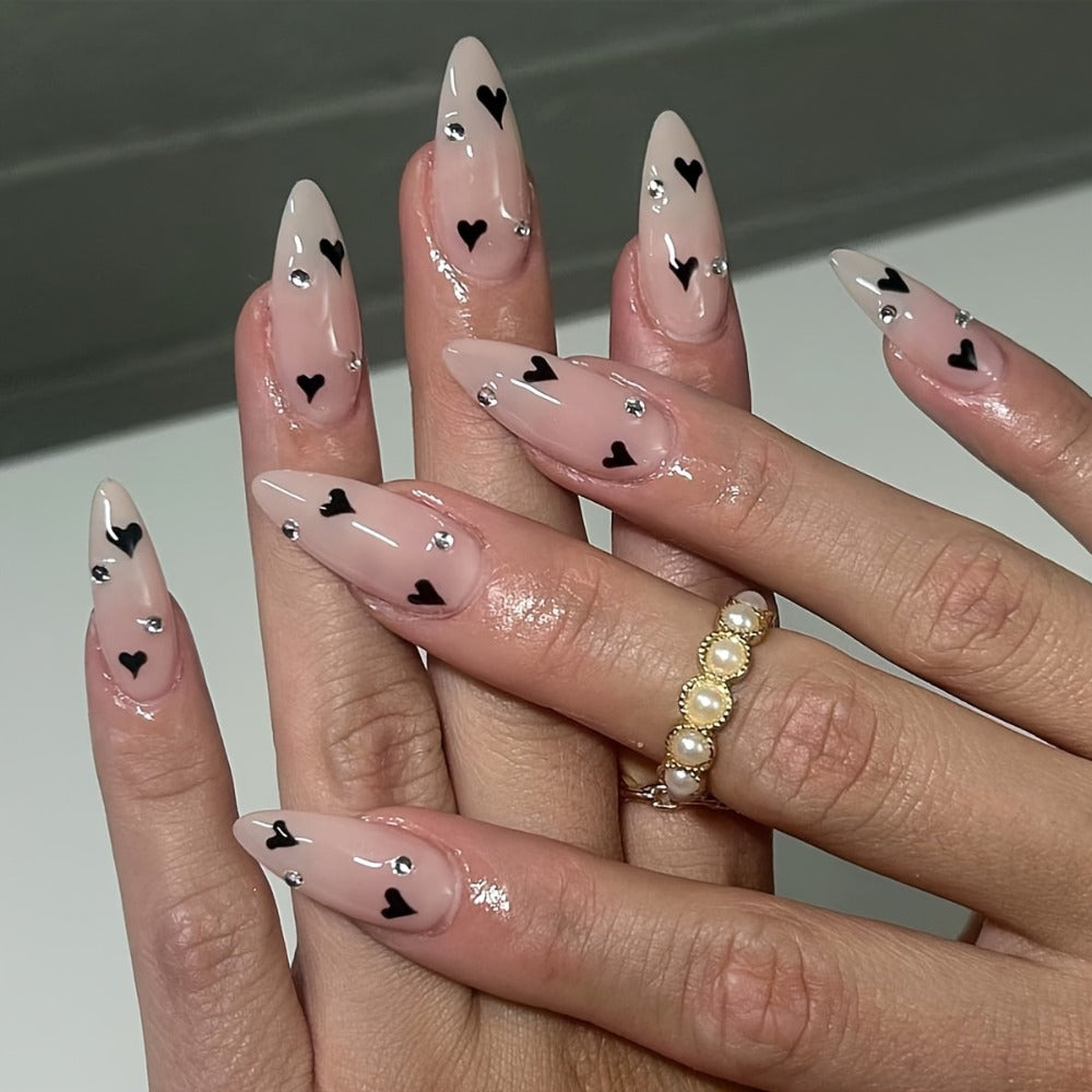 Short Almond Press On Nails 144 Pieces with Glue Pink Flower Rhinestone Black French Tip Full Cover Fake Nails Cute Nail Art Kit for Women Girls Daily Wear Party Wedding Date Night - product image 13