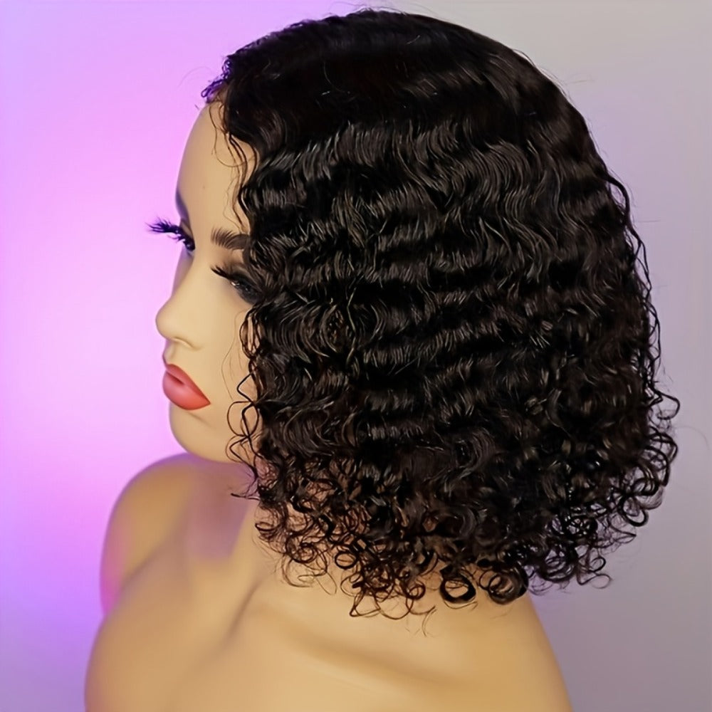Water Wave Lace Front Wig Deep Curly Short Bob 14 Inch 150% Density Glueless – Adjustable Rose Net Cap Synthetic Wig for Women | Black | Daily Wear Cosplay Costume Party Gift - product image 4